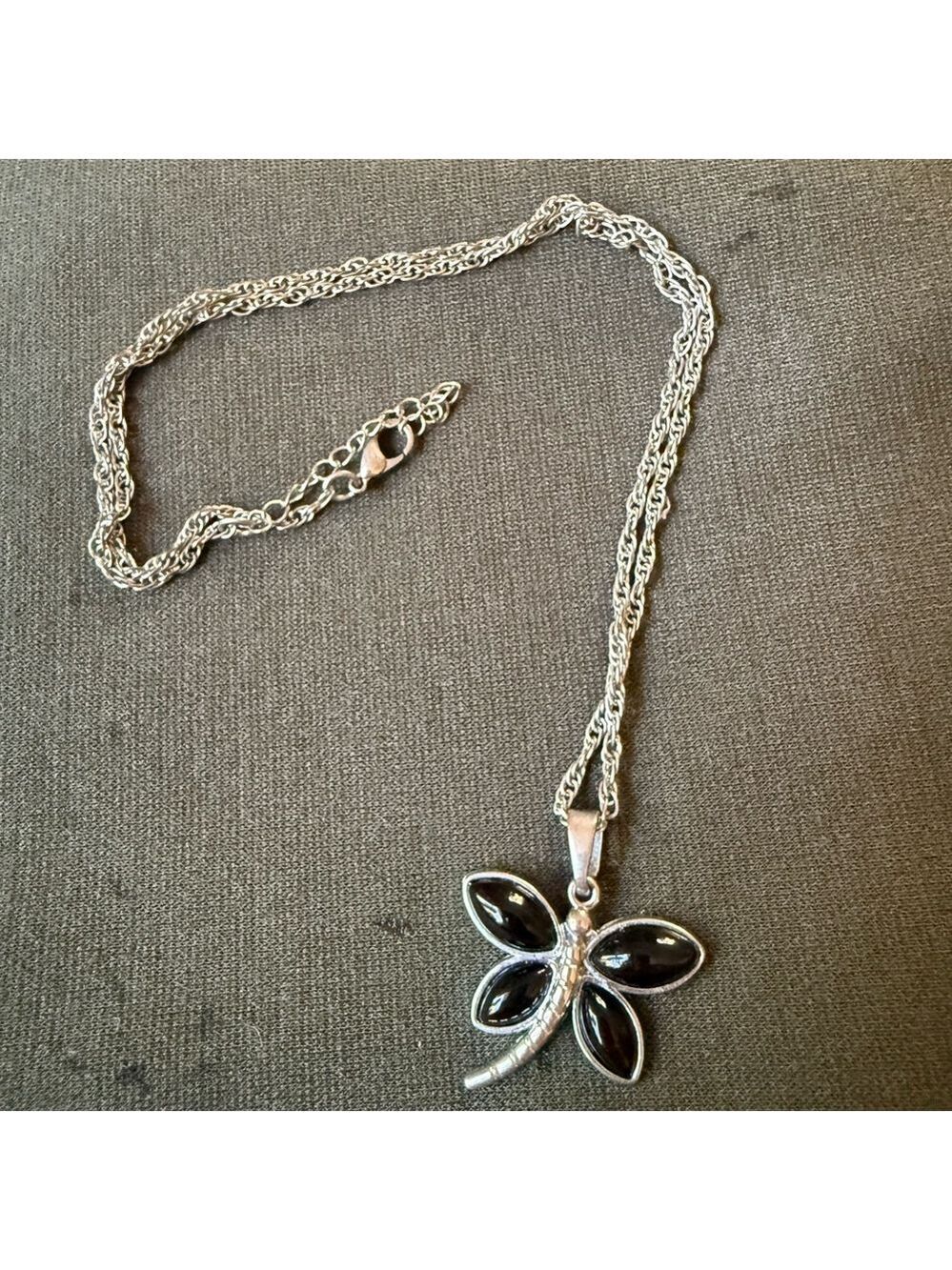 Black Onyx Dragonfly Pendant Necklace Silver Tone 11 Inch